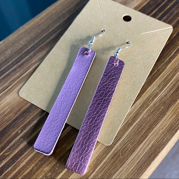 Metallic Faux Leather Vinyl Pink Rectangle Earring - Picture 2 of 5